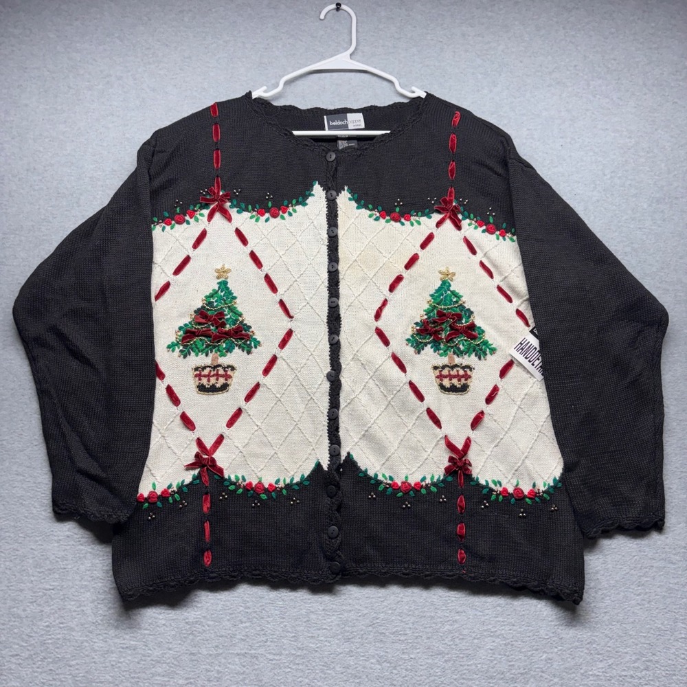 Beldoch Popper Christmas Tree Cardigan Sweater Black White Red Embroidered 3X